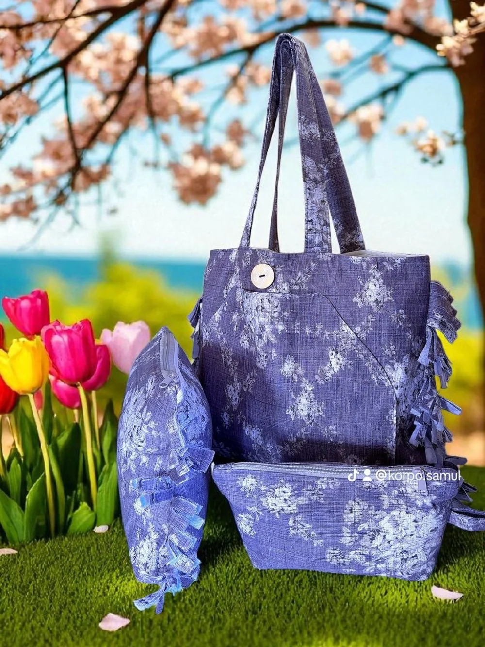 Purple Floral Tote Bag Set with Matching Pouches - Women Bags - Picture 7 of 7